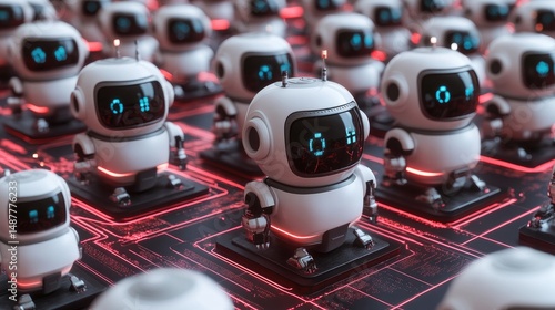Numerous small white robots stand on a red circuit board