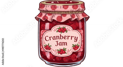 Cranberry jam jar illustration with decorative label and red berries design