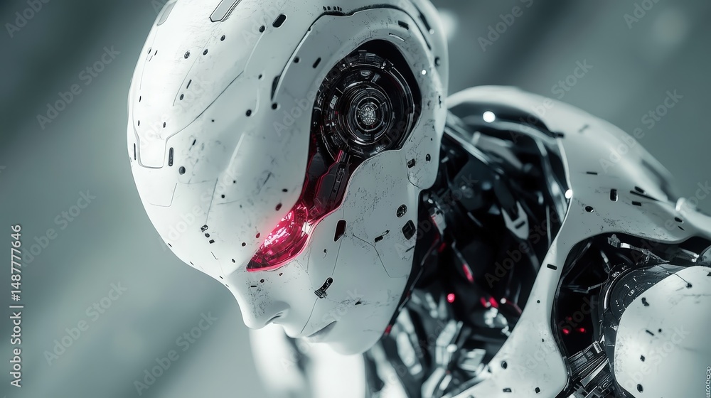 Fototapeta premium A futuristic android whose metallic skin is glitching, exposing corrupted circuits beneath