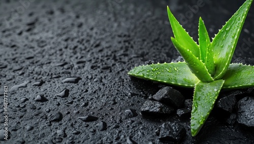 Aloe Vera Plant on Dark Surface with Water Droplets