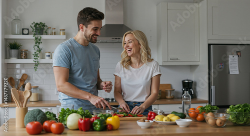 Young couple laughing and cooking together in modern kitchen  