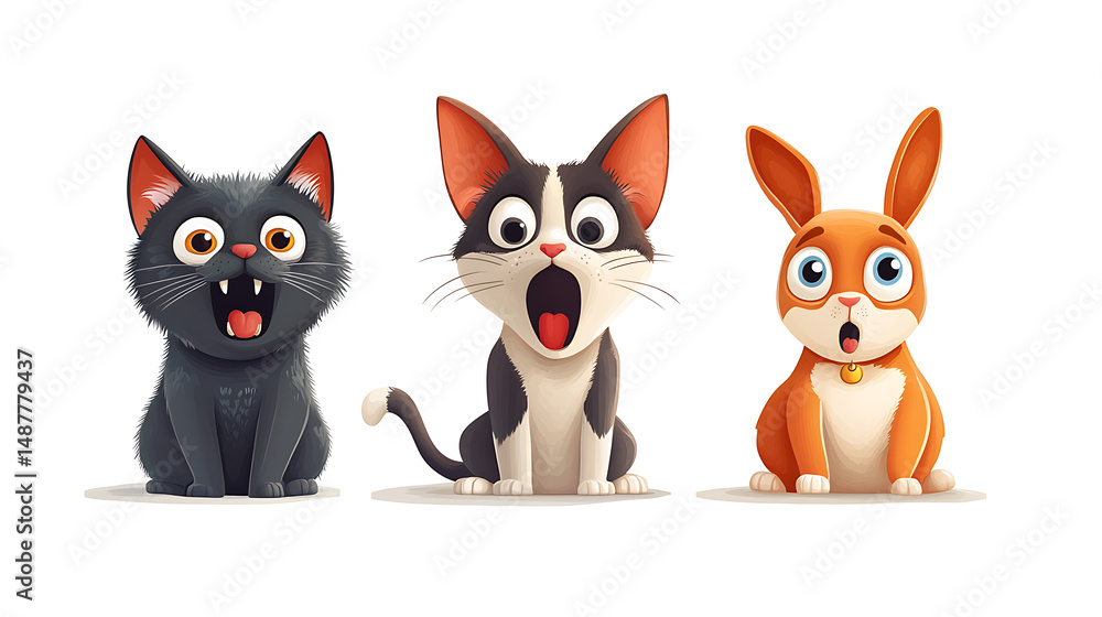 Three cartoon animals, a surprised black cat, a shocked tuxedo cat, and an astonished orange rabbit, against a white background Three cartoon animals, a surprised black cat, a shocked tuxedo cat, and an astonished orange rabbit, against a white background