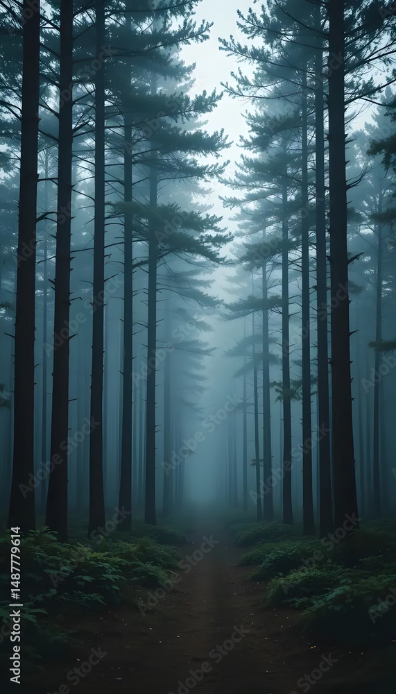 Fototapeta premium Misty morning light filters through the foggy green woodland trees, creating a dark yet enchanting nature landscape within the autumn woods
