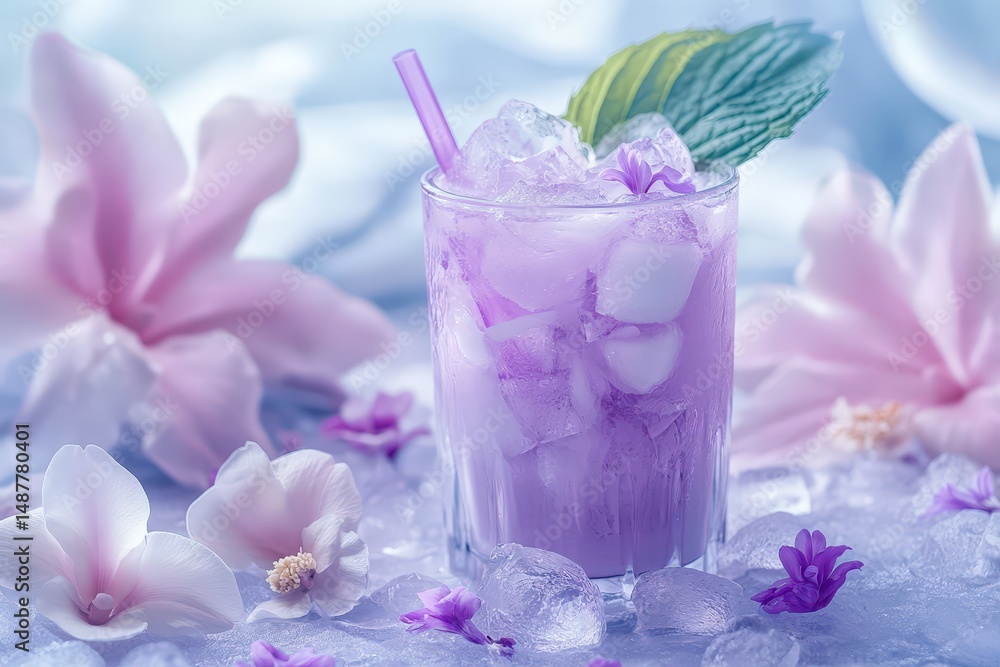 Purple cocktail drink surrounded by blossoms. Purple cocktail drink surrounded by blossoms.