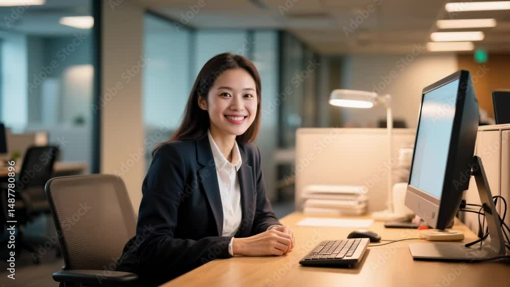 Smiling Asian woman in office setting working at desk Smiling Asian woman in office setting working at desk