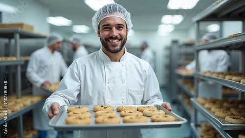 Male Production Worker Smiling in Sweet Food Factory (Wafers, Cookies)