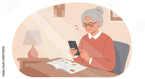 Elderly woman exploring new smartphone features at home with a cheerful expression