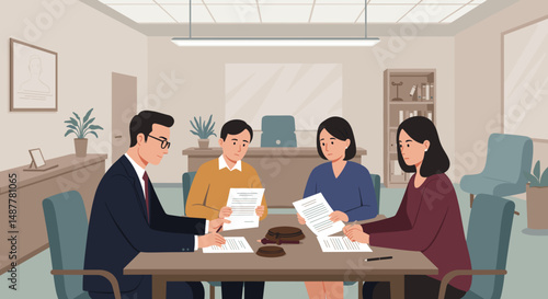 Lawyer discussing inheritance with heirs in a professional office setting