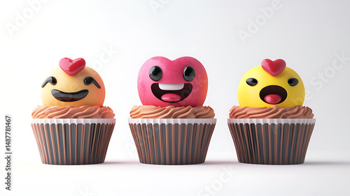 Colorful and playful cupcake decorations featuring smiling emoticon faces on dessert treats