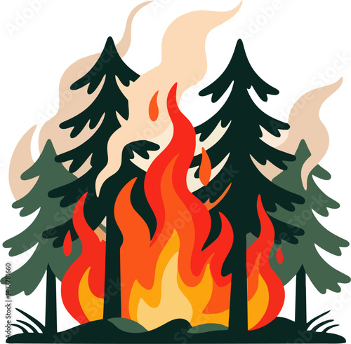 Flat Vector Illustration of a Wildfire Burning in a Pine Forest with Smoke and Flames – Environmental Disaster Concept