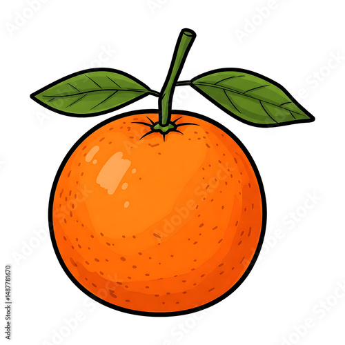 Citrus Orange – Fresh Inked Simplicity. A single orange with a deep orange marker fill and bold black contour. A short stem with a small green leaf is added for balance