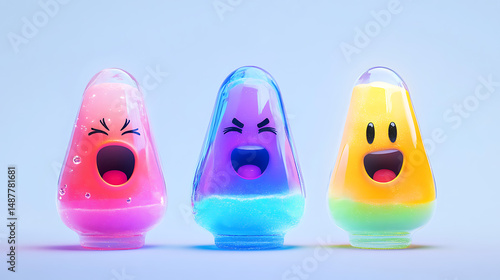 Colorful animated liquid characters expressing emotions, set against a soft gradient background