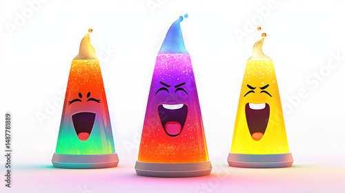 Colorful animated character lamps with joyful expressions glowing against a white background