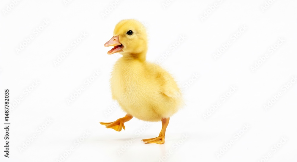 Fluffy yellow duckling walks confidently against bright white background. AI Generated Fluffy yellow duckling walks confidently against bright white background. AI Generated
