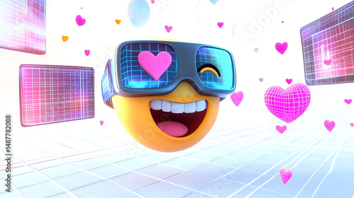 Joyful emoji wearing virtual reality glasses surrounded by colorful hearts and digital screens