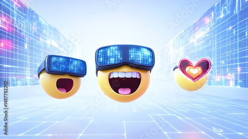 Colorful 3D emoji characters wearing VR goggles, expressing joy and love in a futuristic digital landscape