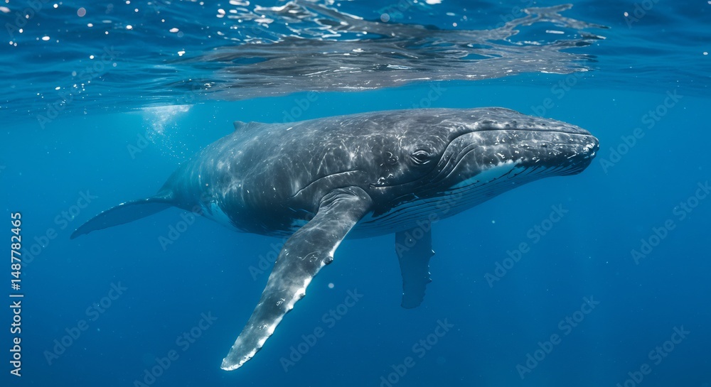 Obraz premium Majestic humpback whale gracefully swims in brilliantly lit ocean depths.. AI Generated