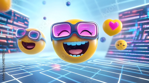 Colorful animated emojis with glasses expressing joy and love in a futuristic digital landscape