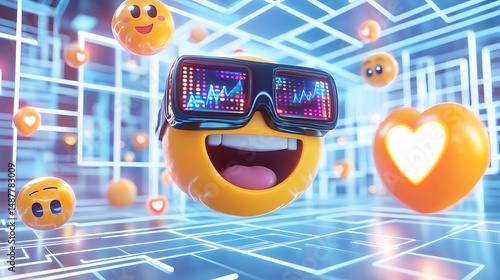 Playful emoji character wearing smart glasses in a futuristic digital environment with floating icons