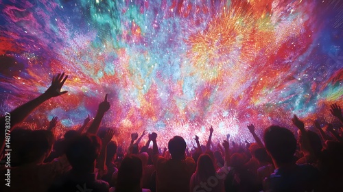 Fireworks bursting in colorful patterns above a crowd of cheering festival-goers