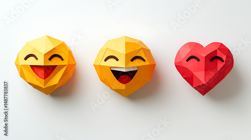 Colorful geometric emojis representing joy and love on a clean white background, ideal for digital design