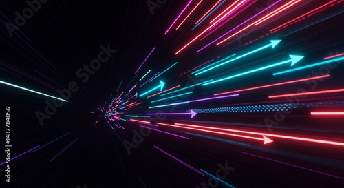 Abstract Neon Light Streaks with Arrows Futuristic Technology Background