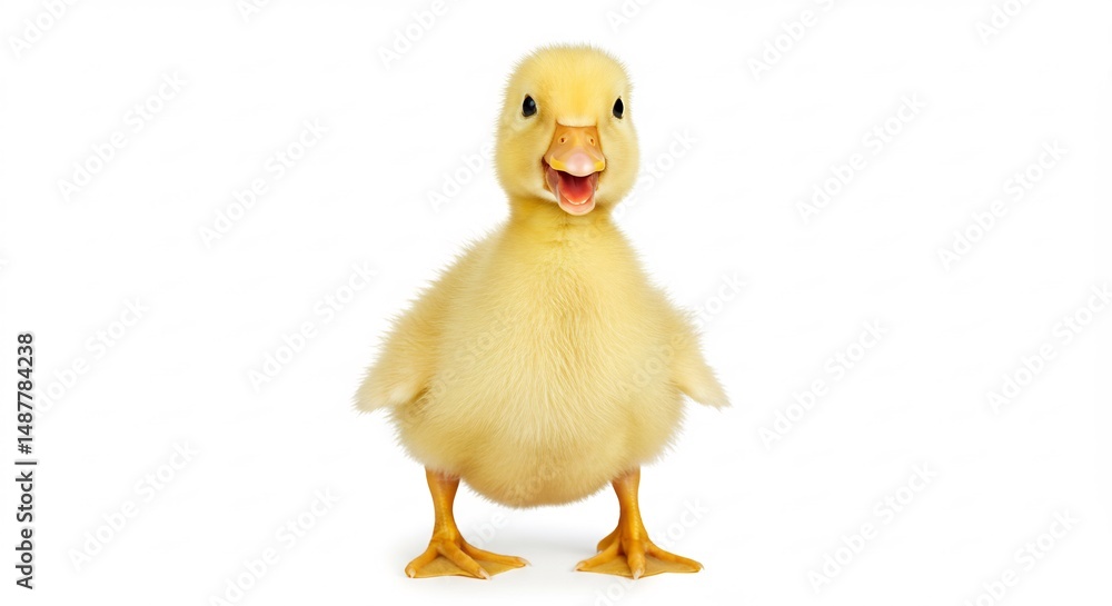 Adorable fluffy duckling cheerfully poses against bright white background. AI Generated Adorable fluffy duckling cheerfully poses against bright white background. AI Generated
