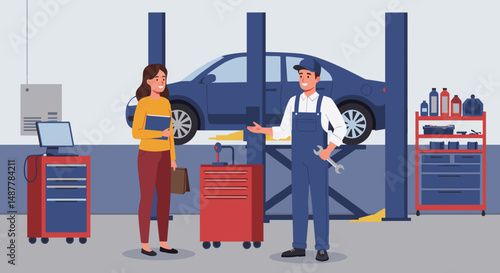 Female customer talking to male mechanic in an auto repair shop with a car lifted in the background