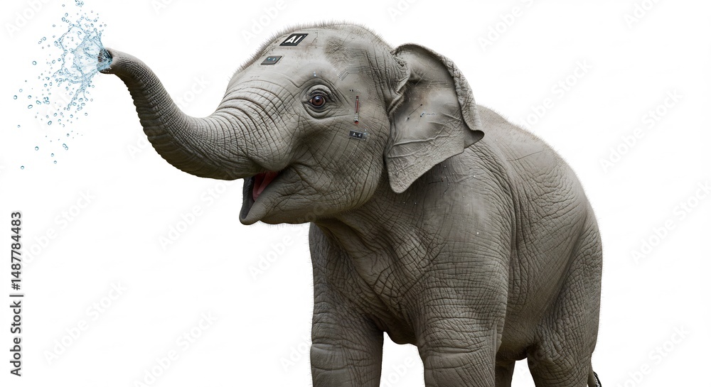 Obraz premium Playful baby elephant joyfully sprays water; bright sunlight illuminates its gentle features.. AI Generated