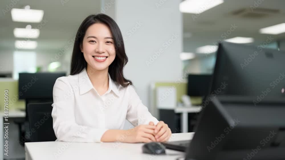 Smiling woman seated at desk in office Smiling woman seated at desk in office