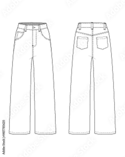 Straight Cut High Rise Denim Jeans- Front and Back View -Flat Vector Illustration 