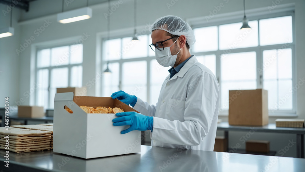 Naklejka premium Male Production Worker Working in Sweet Food Factory (Wafers, Cookies)