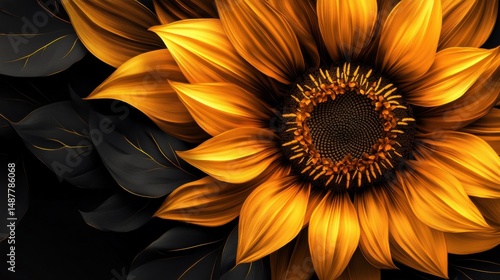 Artistic sunflower design with golden tones and shadow depth, placed on matte black background for a premium wallpaper feel