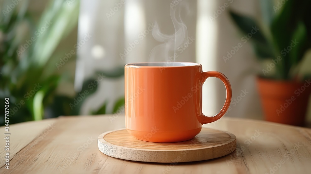 Fototapeta premium A pastel orange ceramic mug with steam rising, placed on a wooden coaster