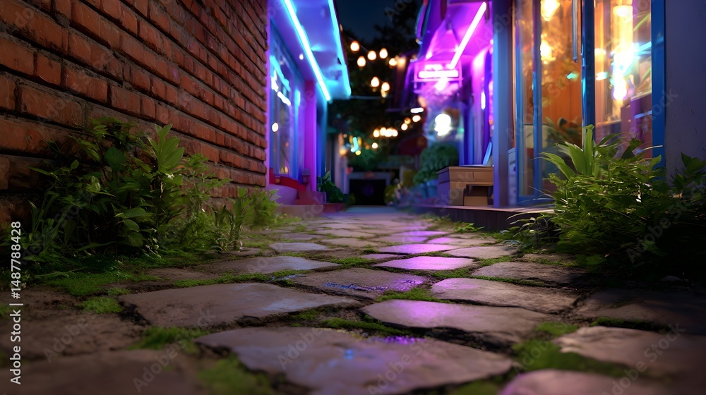 Obraz premium Low camera angle of a quiet alleyway with cracked concrete, moss growing between bricks, neon signs flickering above