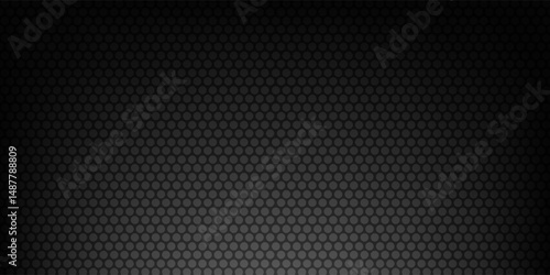Black Metal Hexagon Grid Steel Background. Hexagonal Holes Perforated Sheet Metal or Carbon Fiber Texture. New Strong Nanomaterial Technology Abstract Vector Illustration.