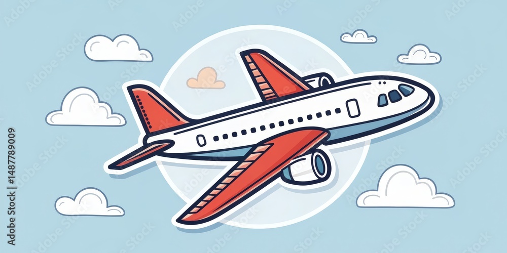 Naklejka premium Cartoon Airplane in Flight Illustration, Travel Concept, Red and White, Clouds Air travel, airplane illustration