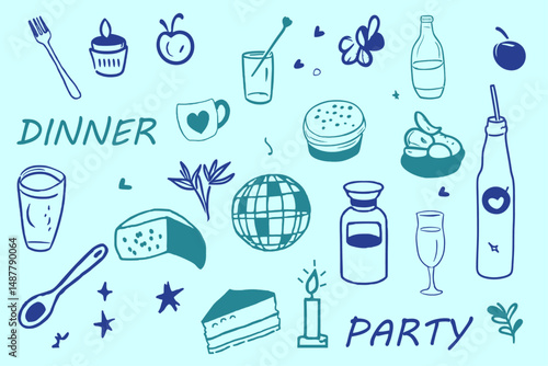 Hand drawn doodle whimsical illustrations of food and drinks. Drawings of italian and french food, cocktails, flowers, dinner and decorations. Coquette line art in vintage style. Vector illustration