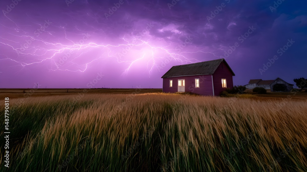 Low-angle view of tall grass and a distant barn, lightning flashing behind it under a thunderous night sky Low-angle view of tall grass and a distant barn, lightning flashing behind it under a thunderous night sky