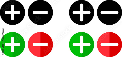 plus minus icon set. medical or pharmacy icon. red and green color. multiplying round button. add icon symbol
