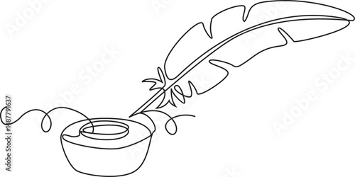 Inkwell with feather pen, drawn with continuous line in minimalism, abstraction, symbol of knowledge, scholarship, giftedness, poetry and inspiration, one line, vector Illustration.