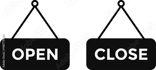 open and closed board icon. welcome sign for store cafes. Announcement banner. information signage. Signboard with a rope
