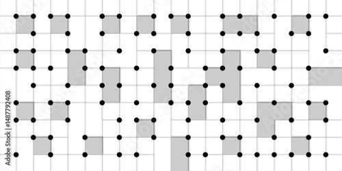 modern technology structured grid pattern with black dots connected by gray lines, forming a rectangular shape with irregular missing sections, creating a unique design white background.