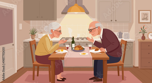 Elderly couple arguing during dinner in a cozy kitchen setting