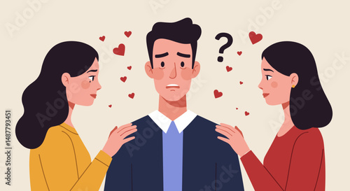 Love triangle with two women showing affection to a confused man in a romantic scenario