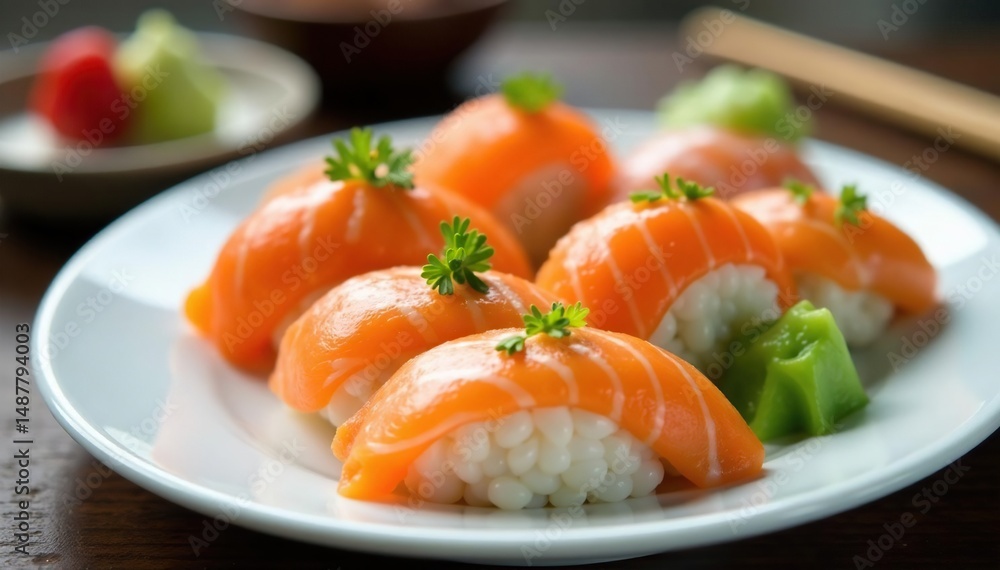 Variety of sushi on a white plate, wasabi, ginger, sashimi, japanese Variety of sushi on a white plate, wasabi, ginger, sashimi, japanese
