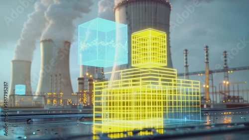 A  hologram projection of Mobile Magic Cube Box floats above an Inspection Magic Cube Box working on A Thermal power plant in the background, Generative AI Videos.