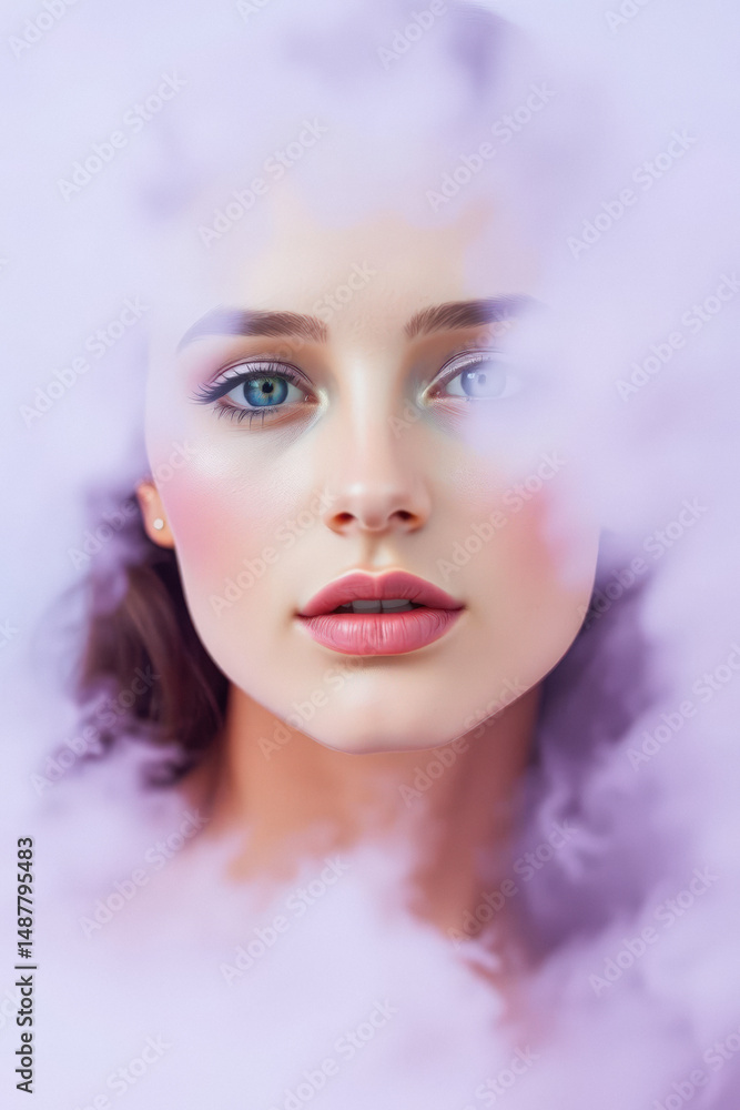 Elegant Woman with Artistic Makeup in Lavender Haze Elegant Woman with Artistic Makeup in Lavender Haze