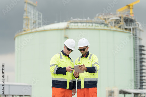 Offshore crude oil and natural gas extraction tanks. Petroleum Refinery. Natural gas separation plant. Petrochemical engineer discussing for maintaining on-site drilling and pumping equipment