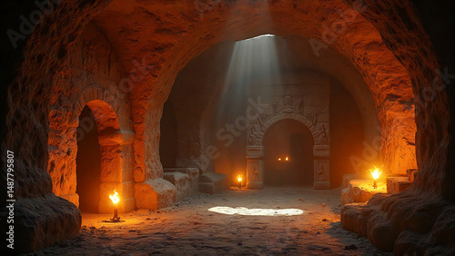 underground chamber with torchlight, wall carvings of forgotten gods, ancient atmosphere

